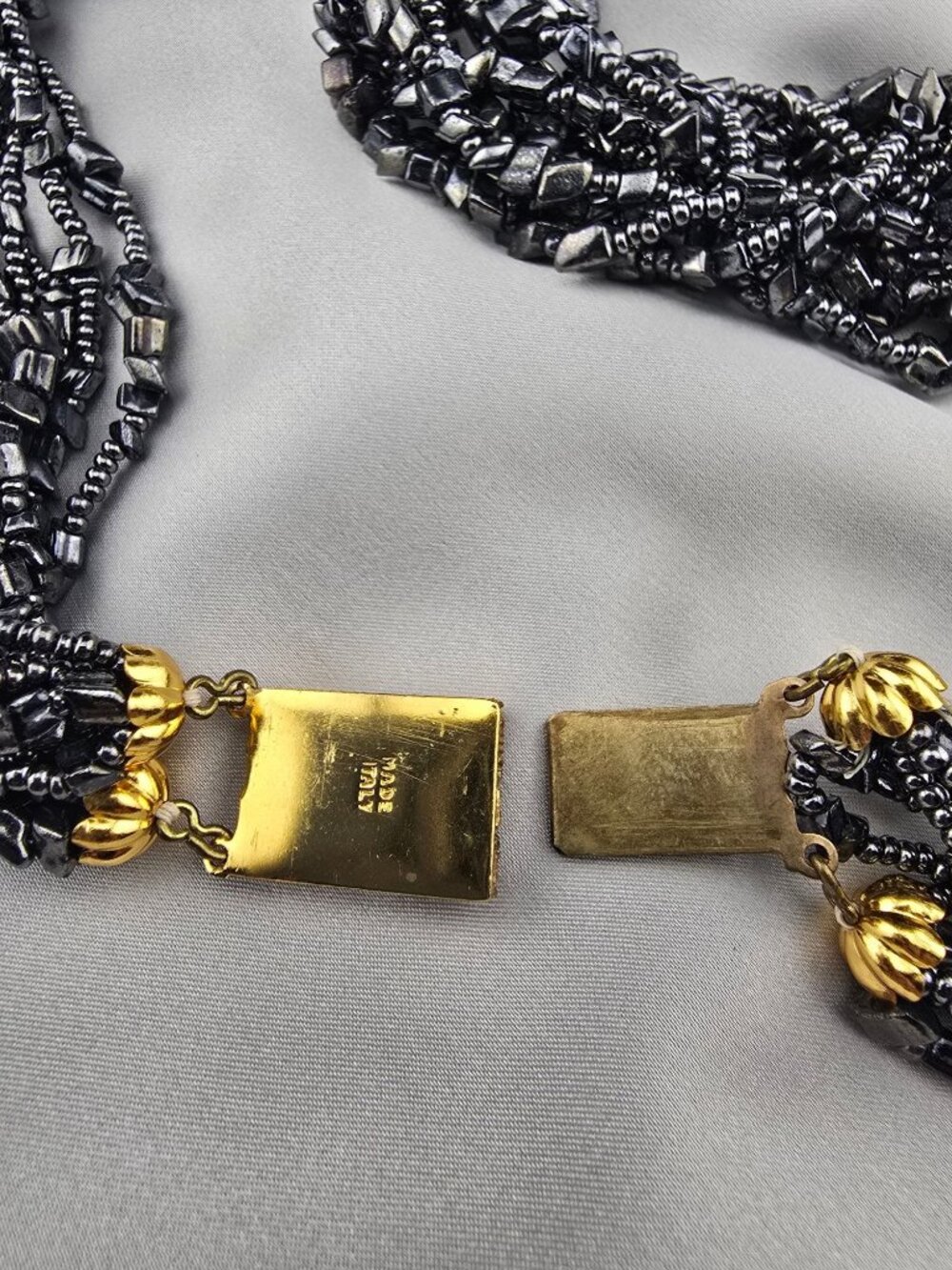 14-Strand Hematite Beaded Necklace 21" Ornate Gold-Tone Clasp Made In Italy BOLD - Picture 11 of 12